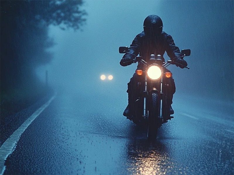 Motorcyclist in rain low light